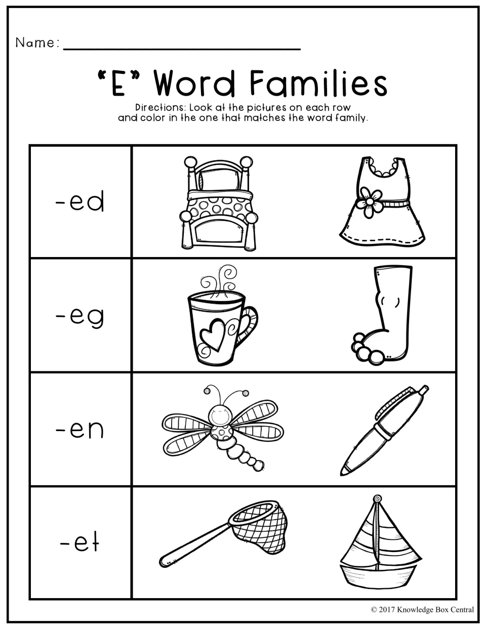 Short e word families: for -ed, -eg, -en and -et, students color the matching picture, such as bed, leg, pen and net