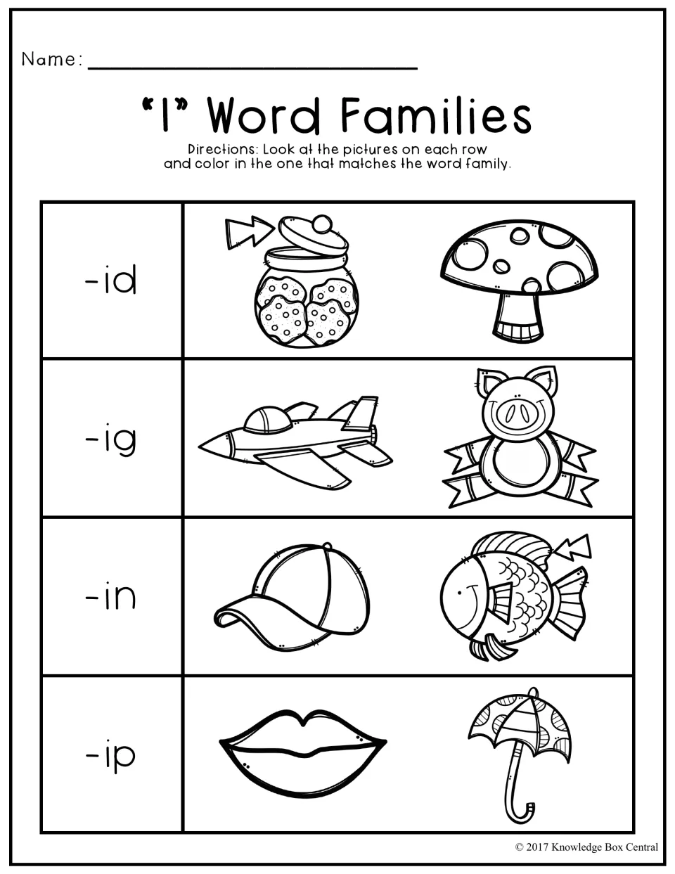 Short i word families: for -id, -ig, -in and -ip, students color the matching picture, such as lid, pig, fin and lips