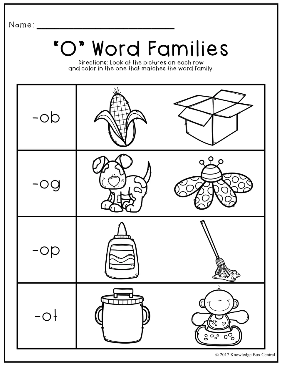 Short o word families: for -ob, -og, -op and -ot, students color the matching picture, such as cob, dog, mop and pot