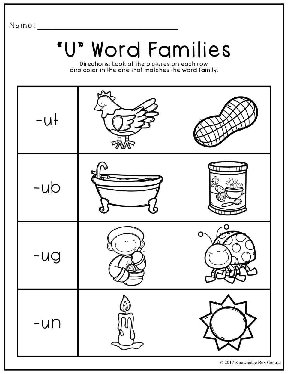 Short u word families: for -ut, -ub, -ug and -un, students color the matching picture, such as nut, tub, bug and sun