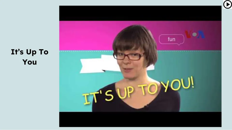 Video lesson slide shows a presenter and a play icon for a segment about letting another person decide