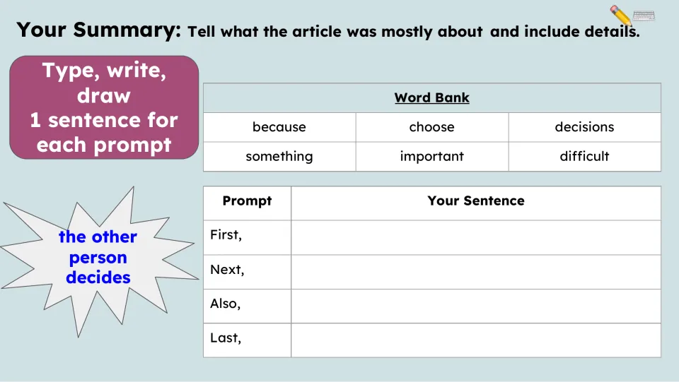 Summary activity asks for one sentence each for First, Next, Also, and Last, supported by a six-word bank