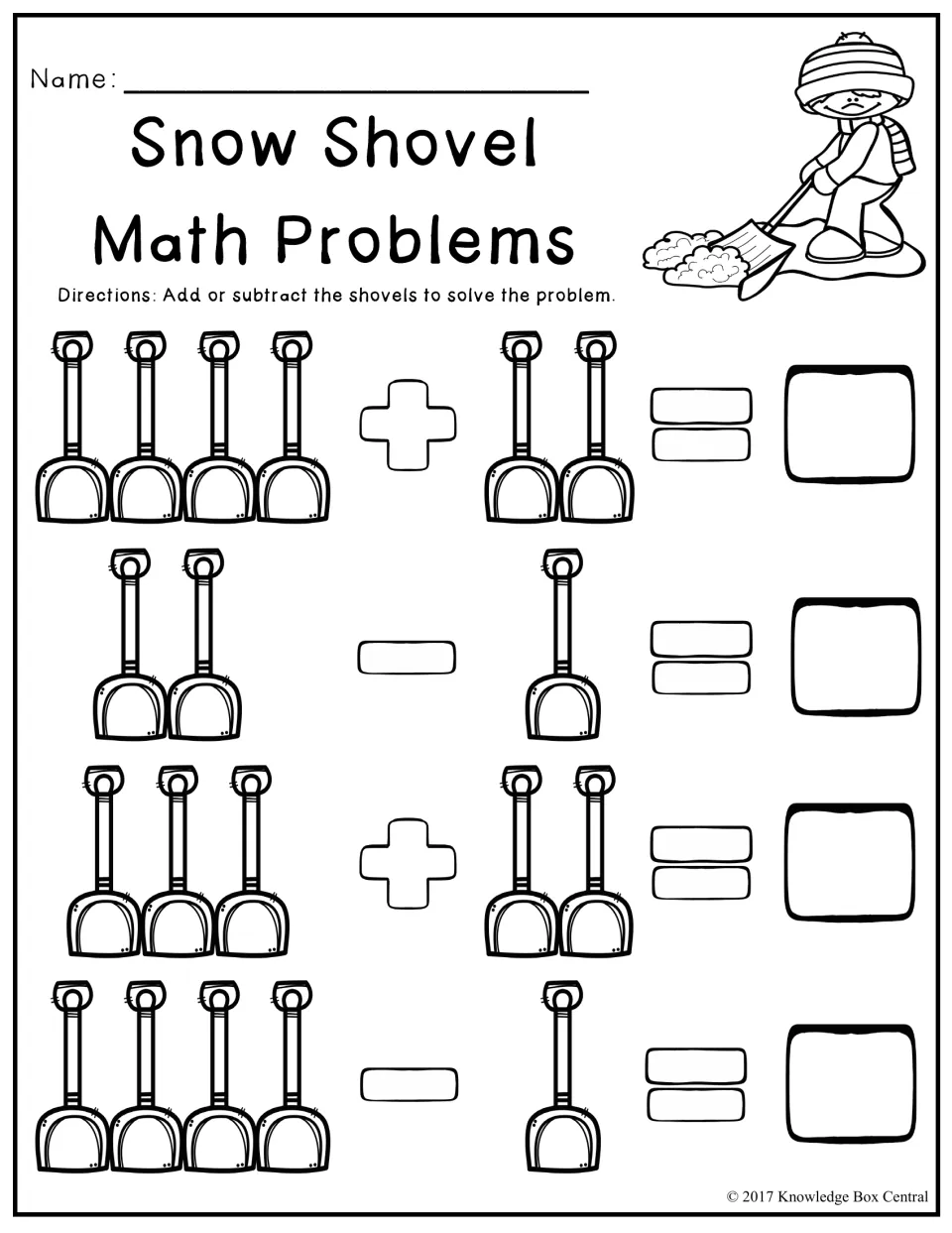 Snow Shovel Math Problems: students count shovel pictures to add or subtract, as in 4 + 2 and 2 - 1, and write each answer