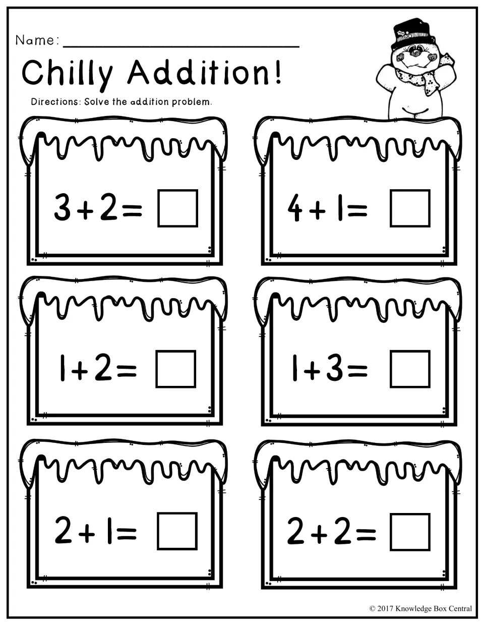 Chilly Addition!: students solve six sums within 5, such as 3+2, 4+1 and 2+2, writing each answer in the box beside it
