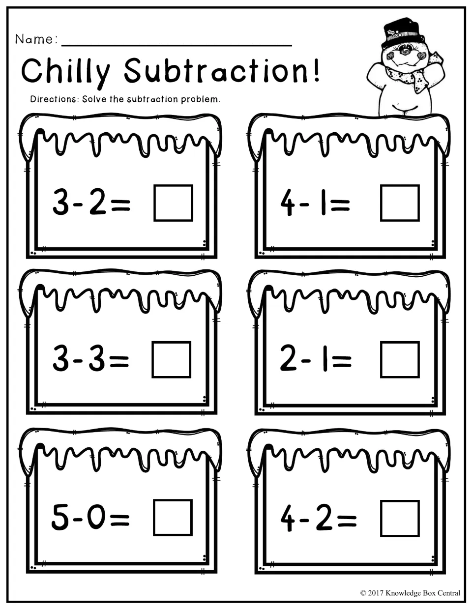 Chilly Subtraction!: students solve six differences within 5, such as 3-2, 3-3 and 5-0, and write each answer in the box