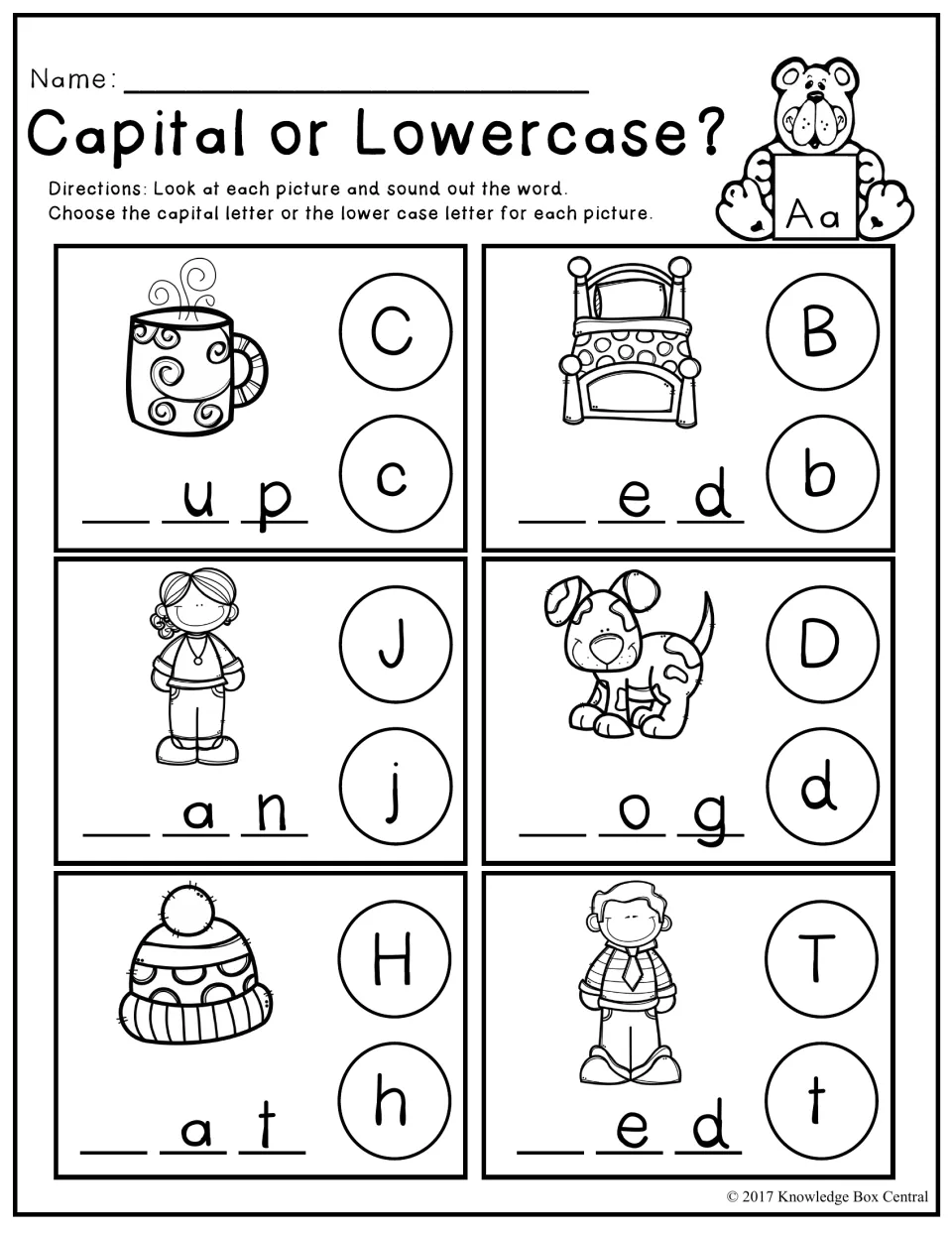 Capital or lowercase practice: choose C/c, B/b, J/j, D/d, H/h, or T/t to complete cup, bed, Jan, dog, hat, and Ted.