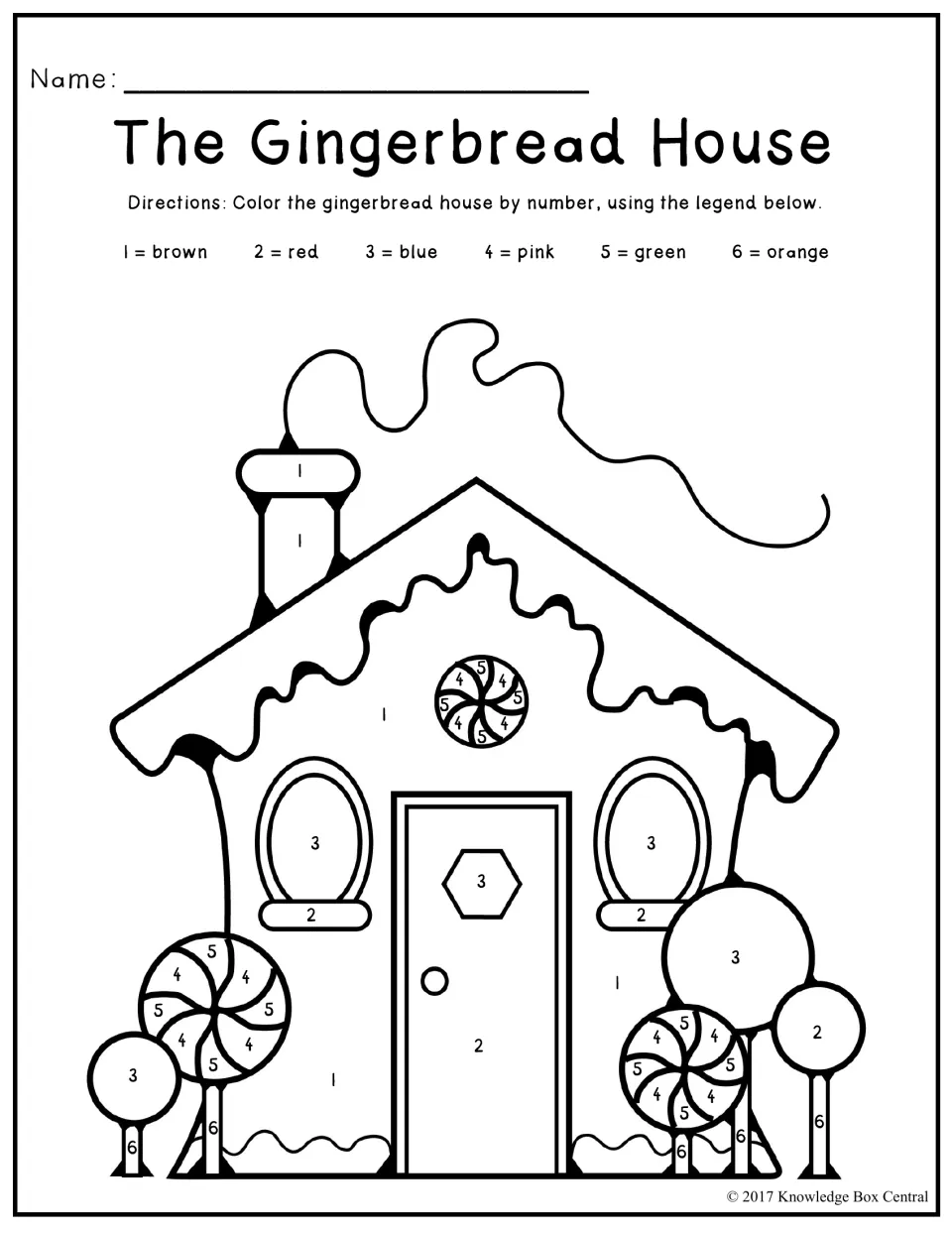 The Gingerbread House color by number: students read numerals 1 to 6 and use the color legend to fill in the house