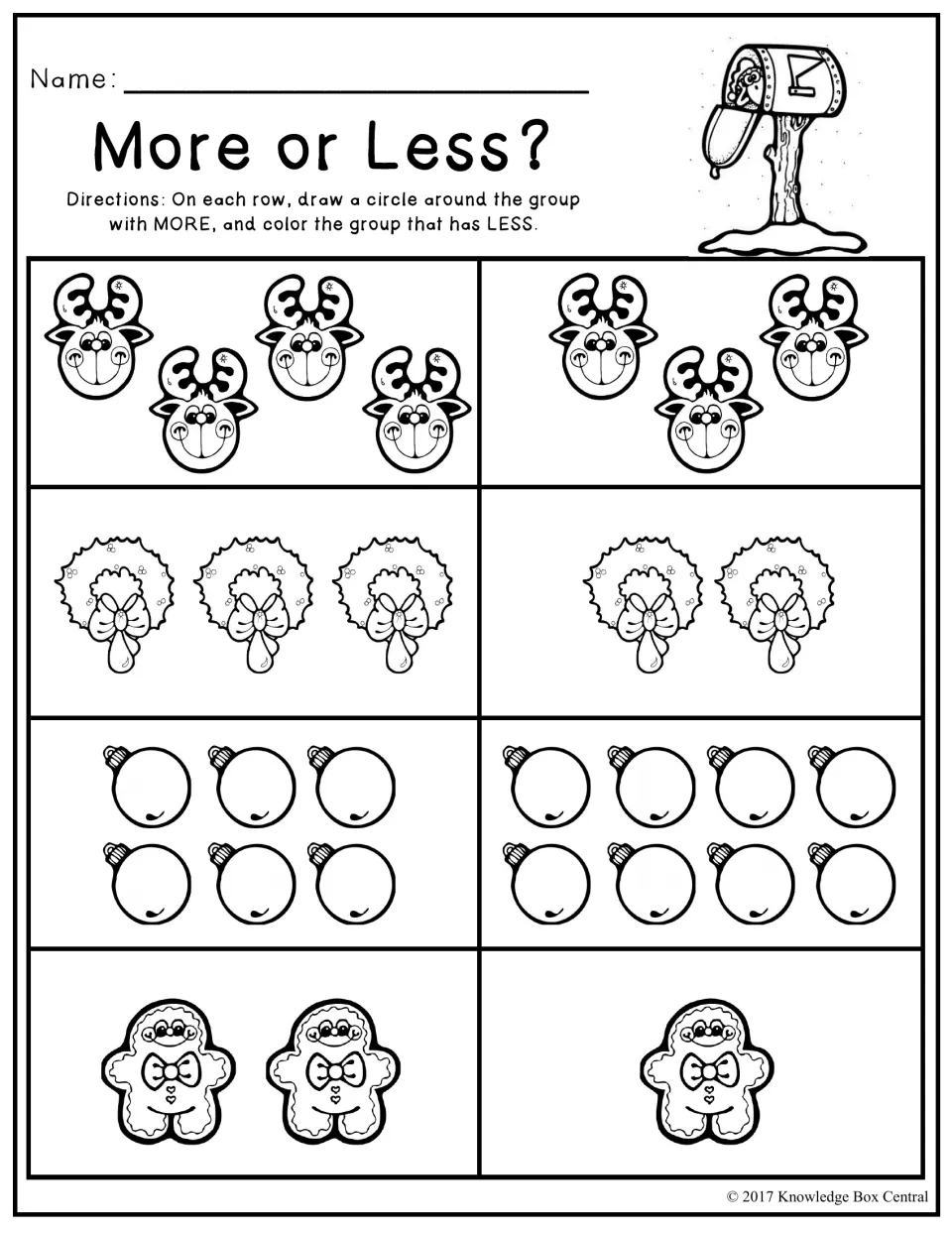 More or Less? Comparing groups: students circle the larger group and color the smaller one in four rows of winter pictures
