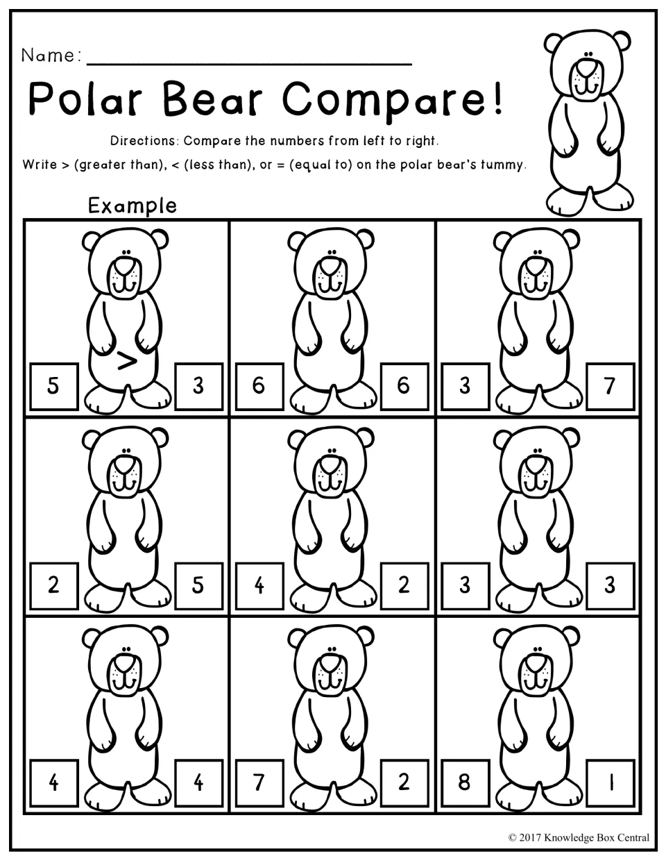 Polar Bear Compare: students write >, < or = on each polar bear's tummy to compare two numbers from 1 to 8