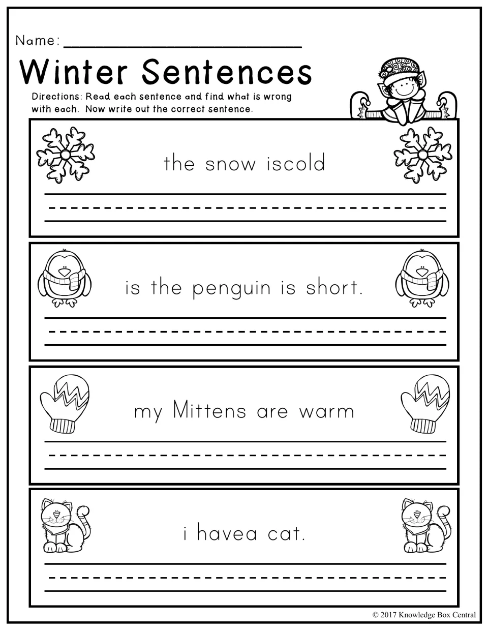 Winter Sentences: students find the error in 4 sentences, such as 'the snow iscold', and rewrite each correctly