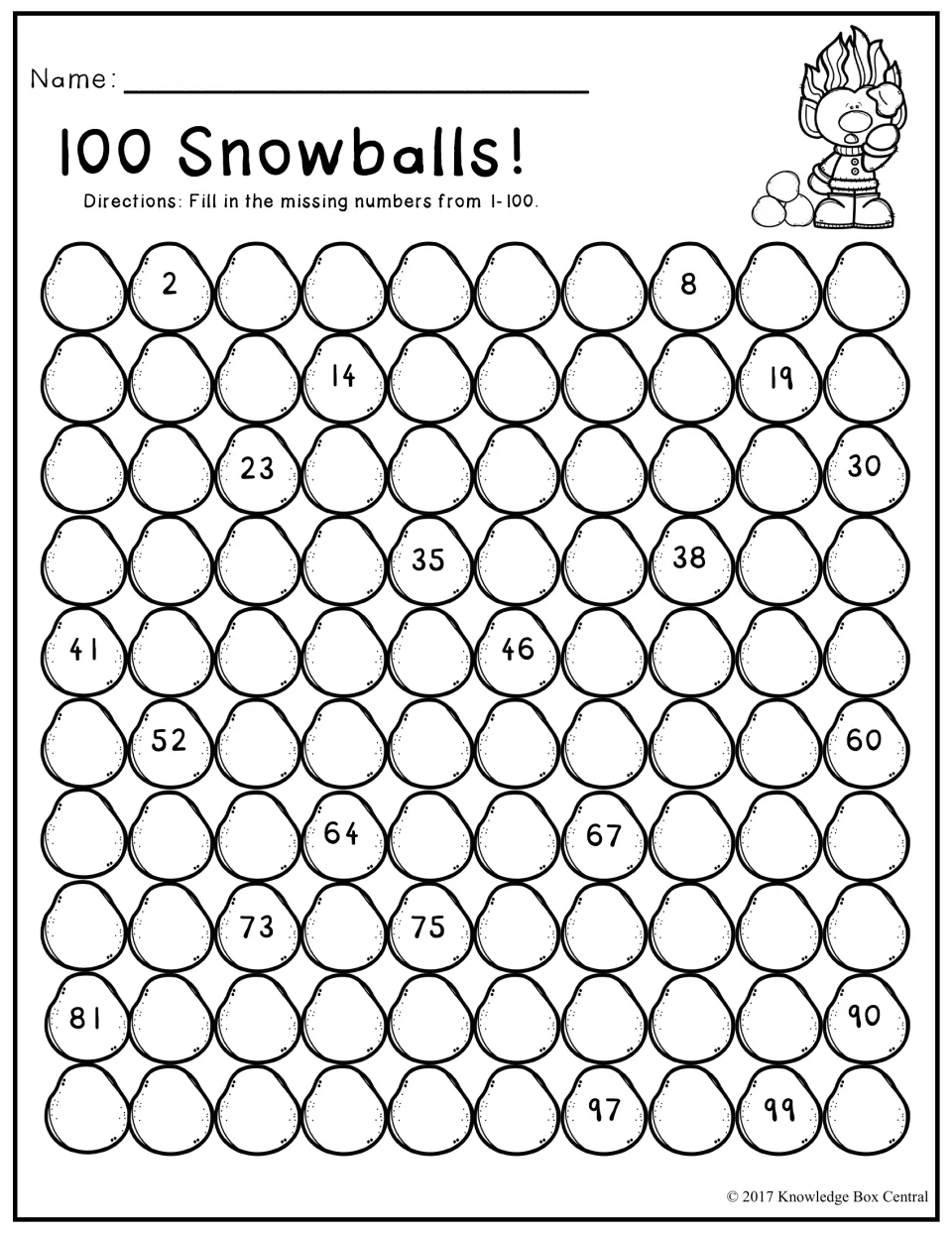100 Snowballs! counting activity asks students to fill in missing numbers from 1 to 100 inside snowballs