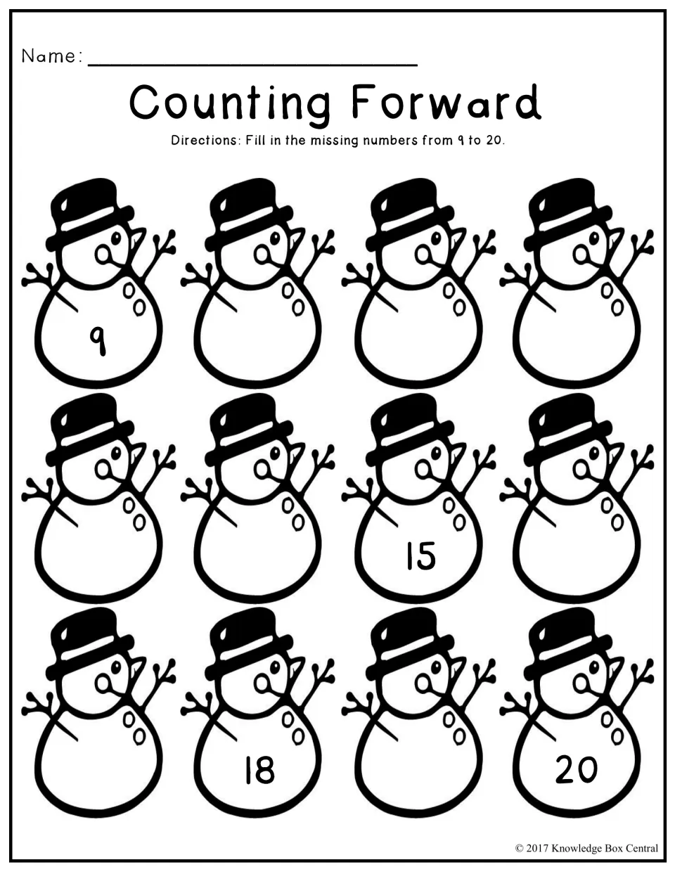 Counting Forward activity has 12 snowmen to complete the sequence from 9 to 20, with 9, 15, 18, and 20 given
