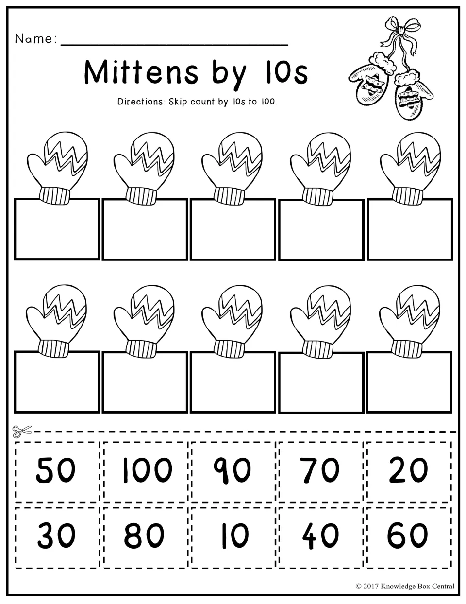 Mittens by 10s counting activity includes ten mittens and cutout numerals from 10 to 100 for skip counting