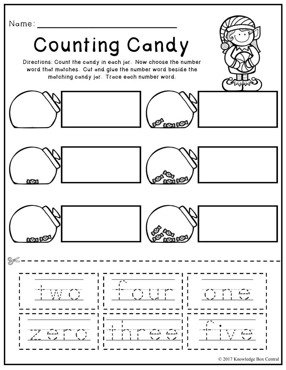 Counting Candy activity matches six jars holding zero to five candies to number words to cut, glue, and trace