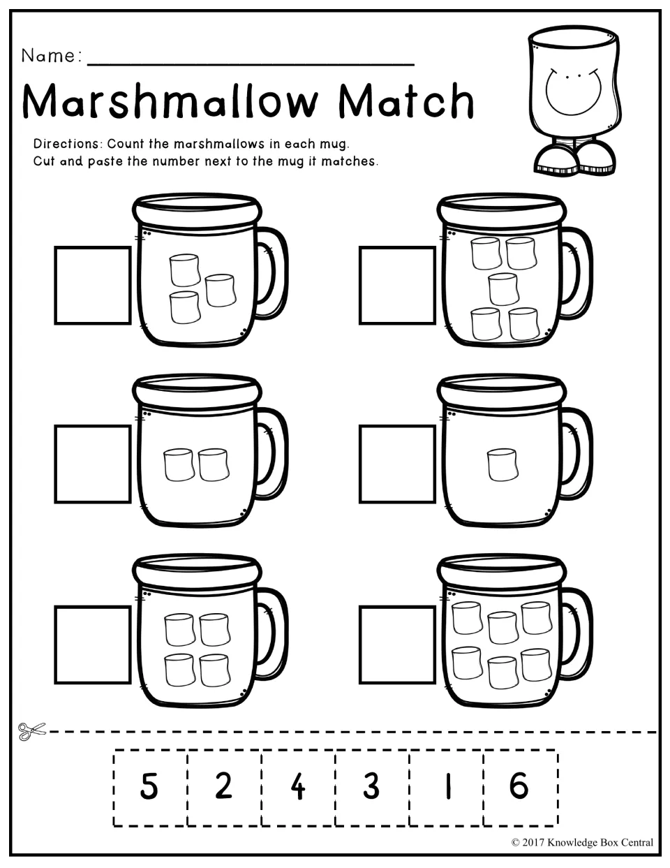 Marshmallow Match activity asks students to count marshmallows in six mugs and paste matching numerals 1 to 6