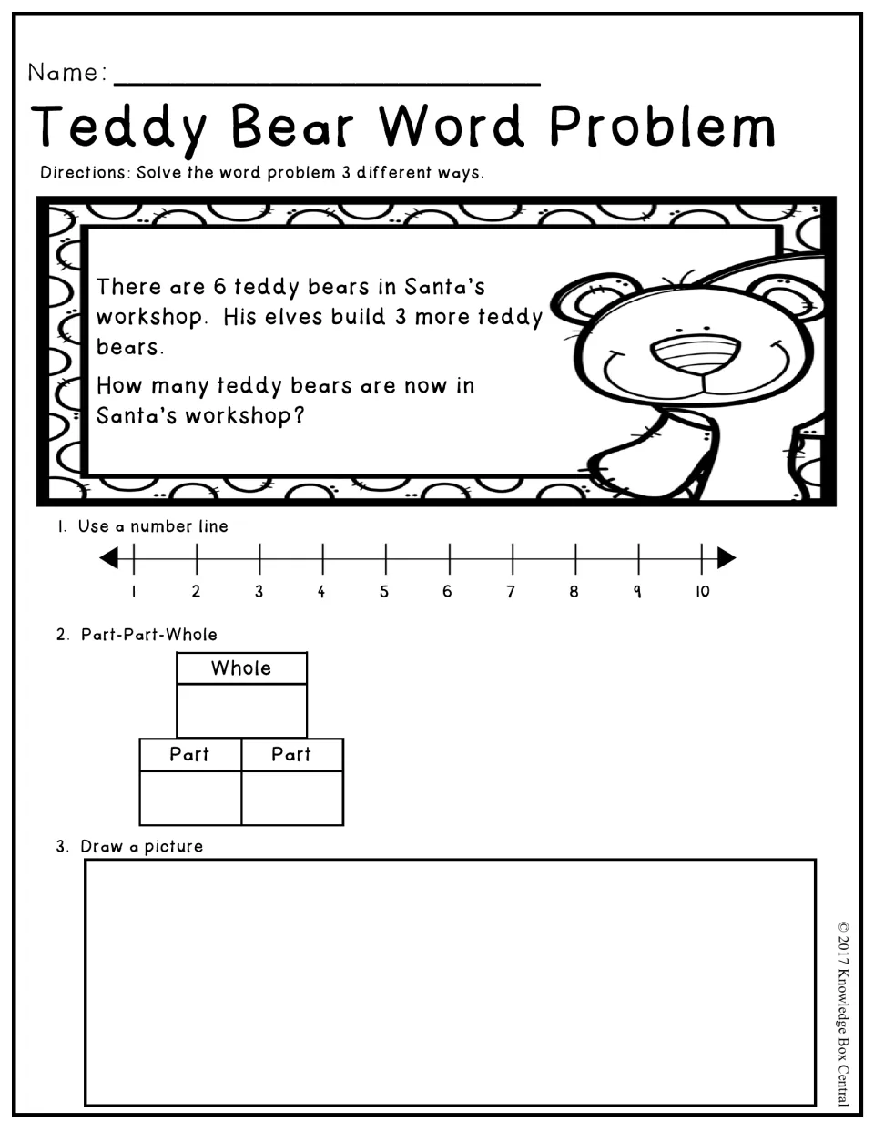 Teddy bear word problem: add 3 bears to 6 and solve using a number line, part-part-whole, and a drawing.