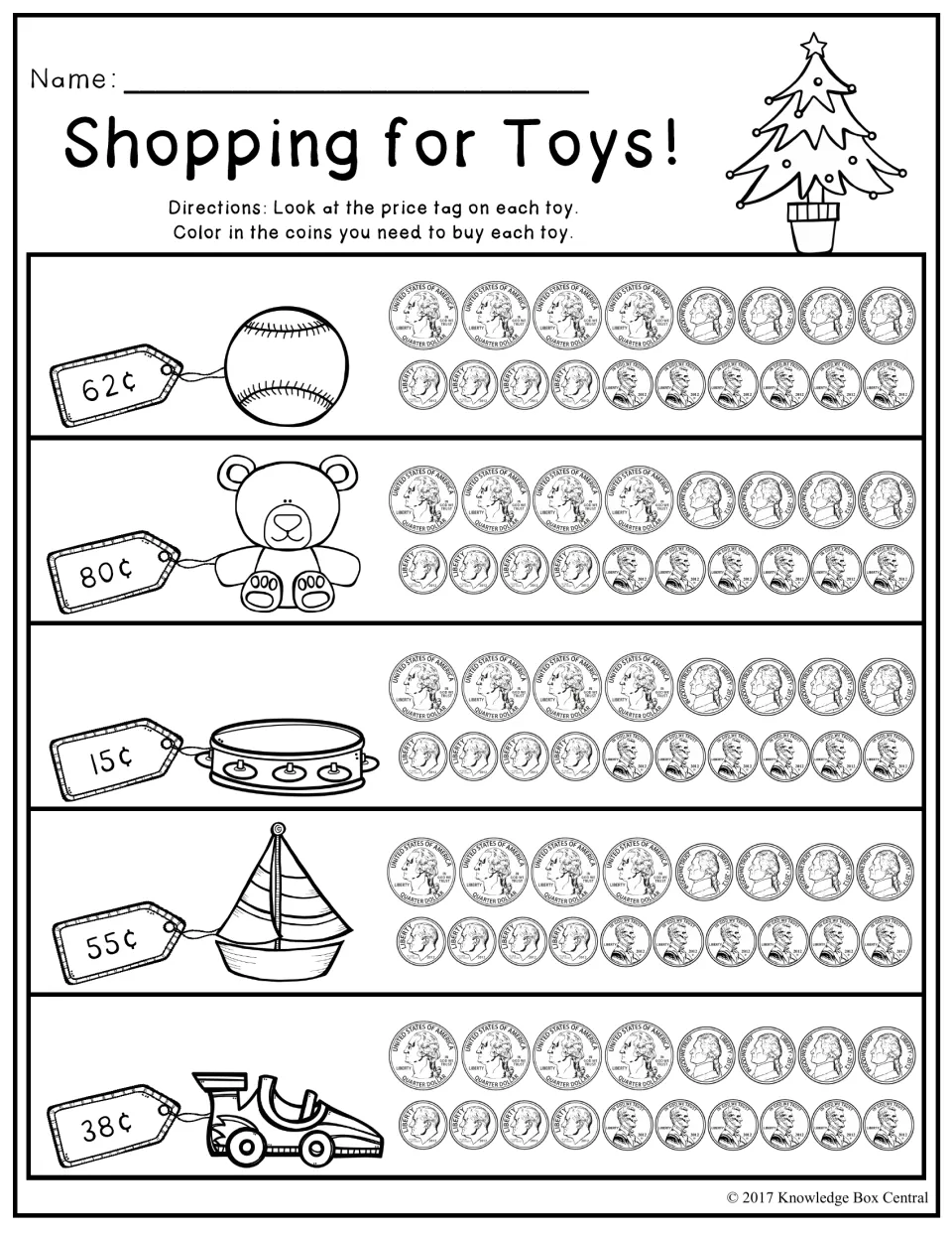 Shopping for Toys: students read price tags from 15¢ to 80¢ and color the quarters, dimes, nickels and pennies to pay