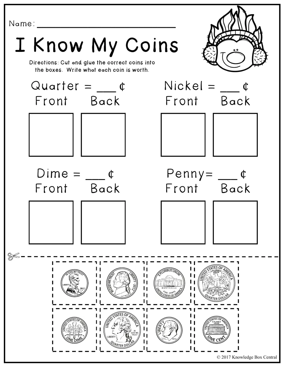 I Know My Coins: students cut out front and back coin pictures, glue them by name and write each coin's value in cents