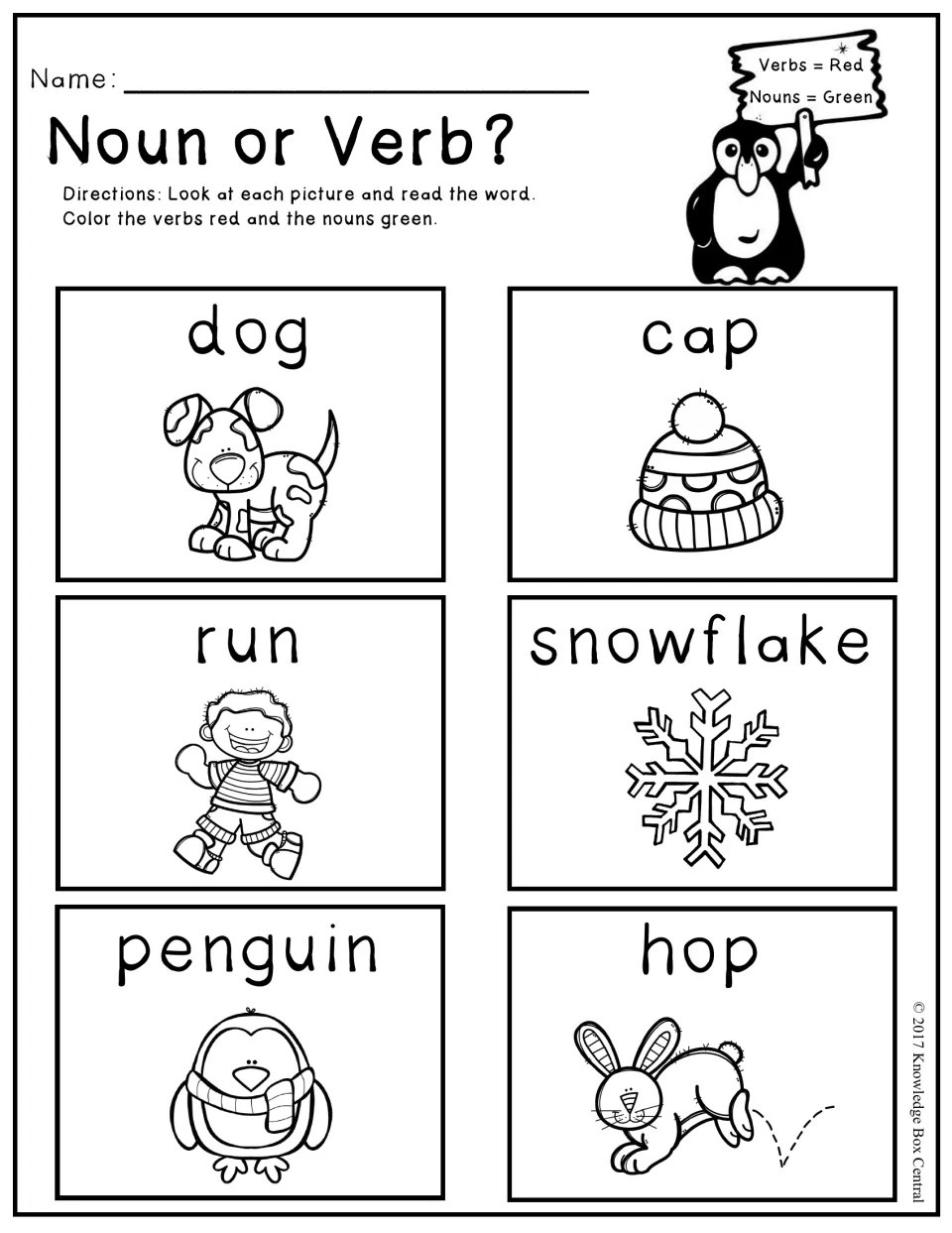 Noun or Verb? Students read six picture words like dog, run, snowflake and hop, coloring verbs red and nouns green