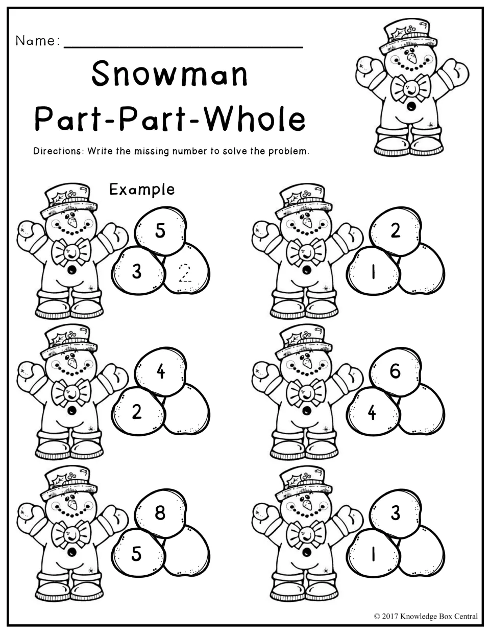 Snowman part-part-whole: students write the missing part for each whole and given part, such as 4 and 2 or 6 and 4