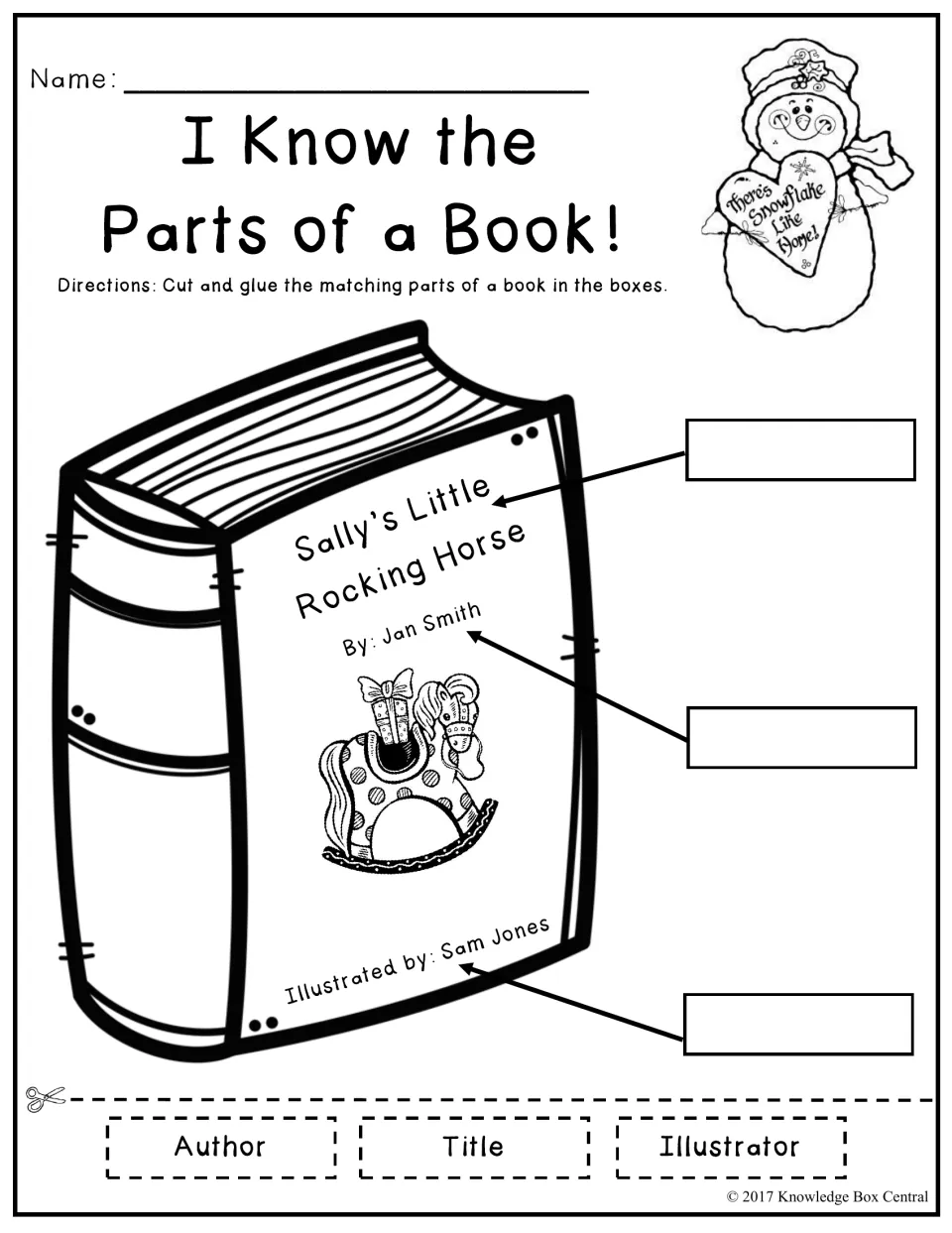 Parts of a book worksheet: cut and glue Title, Author, and Illustrator to label Sally's Little Rocking Horse