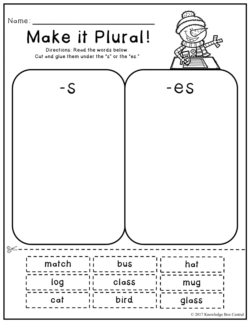 Make it Plural! sort: students cut out 9 word cards like match, bus and glass and glue each under -s or -es