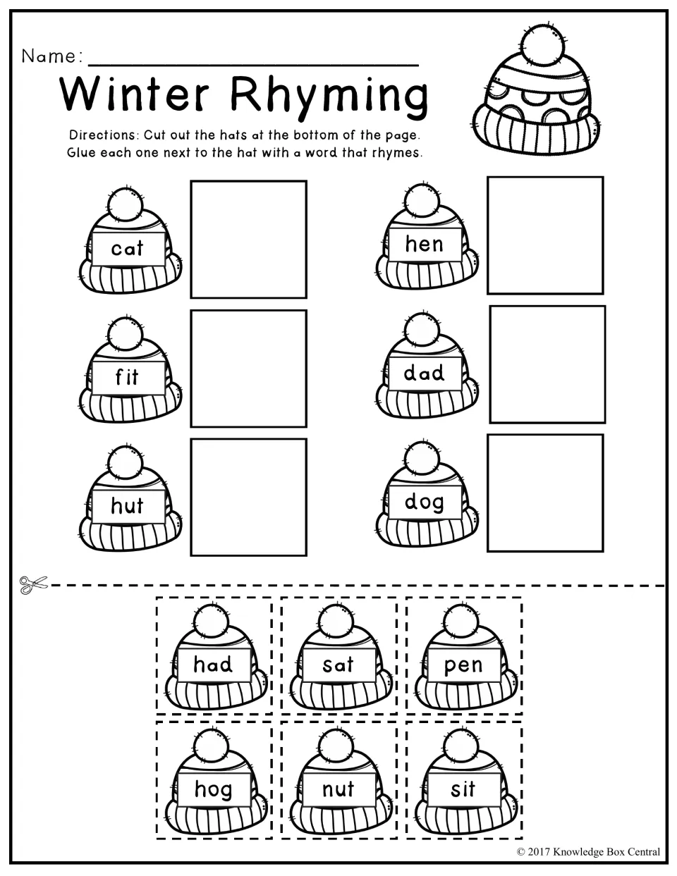 Winter Rhyming: students cut out 6 word hats like had, sat and pen, and glue each next to a rhyming hat such as cat or hen