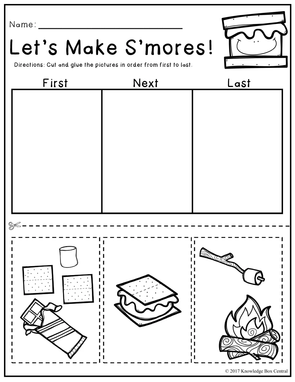 S’mores sequencing activity: cut and glue pictures of ingredients, roasting a marshmallow, and a finished s’more