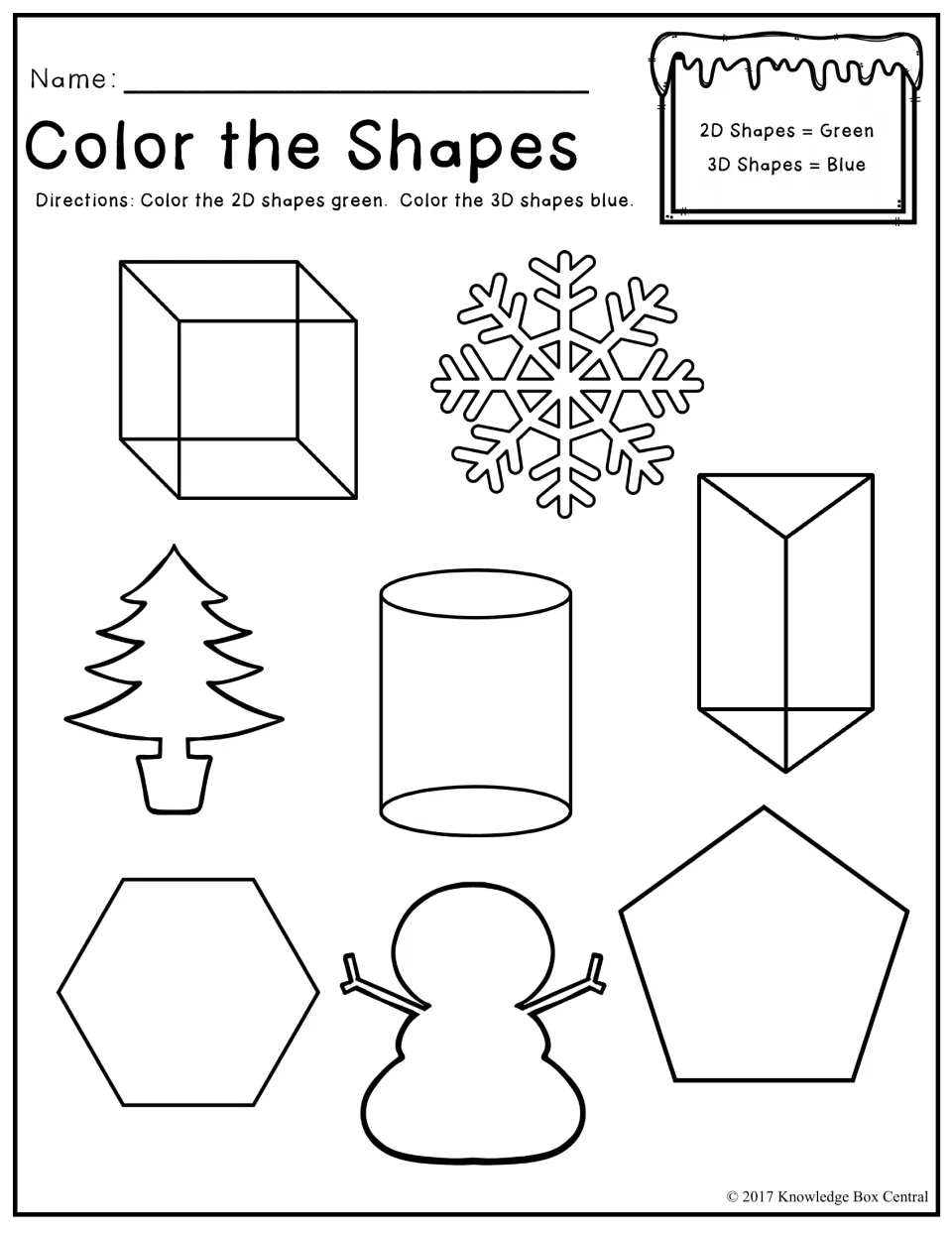 Color the Shapes: students color 2D shapes green and 3D shapes like cube, cylinder and prism blue to sort flat from solid