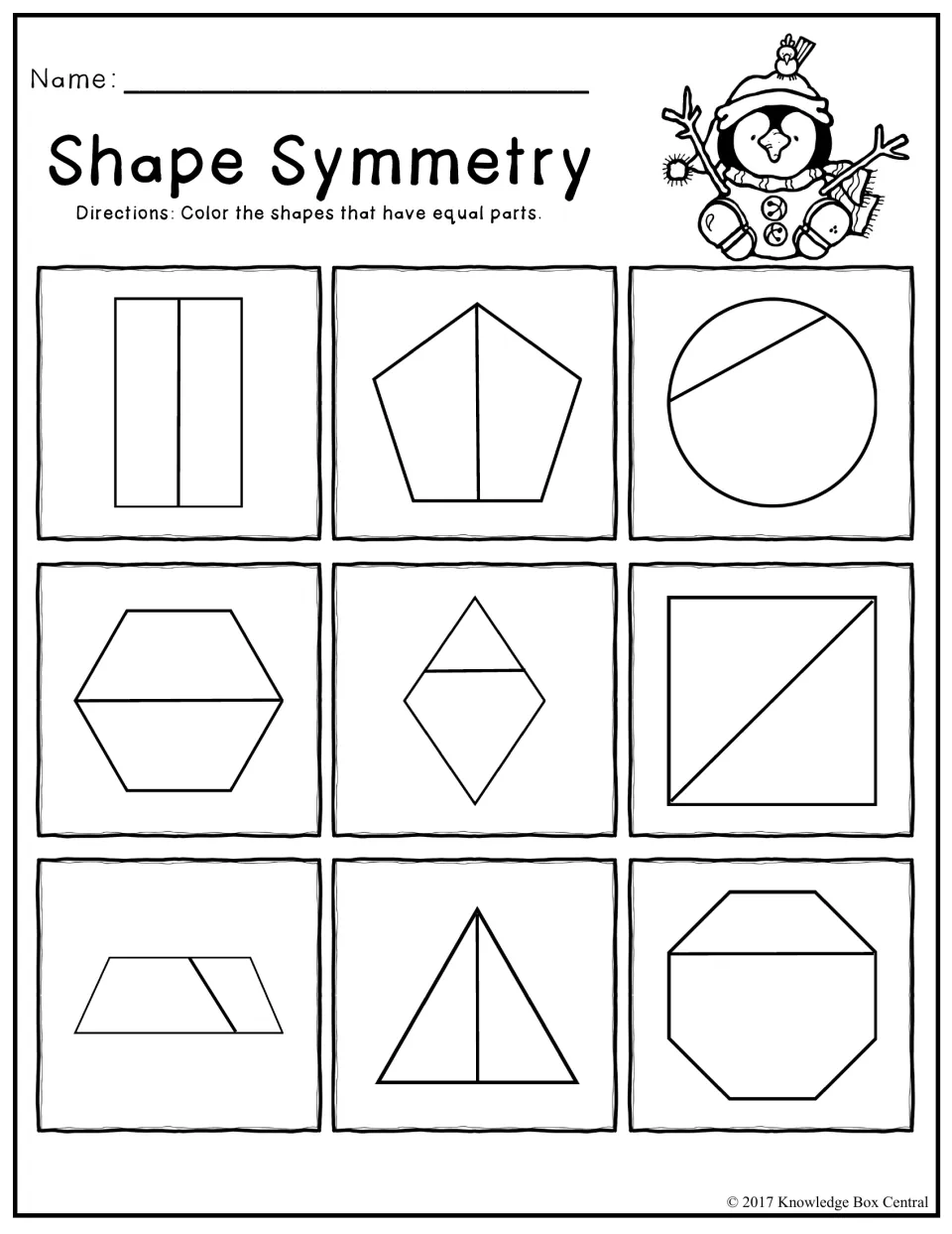 Shape Symmetry: students color the shapes split into equal parts, such as a halved rectangle, triangle and hexagon