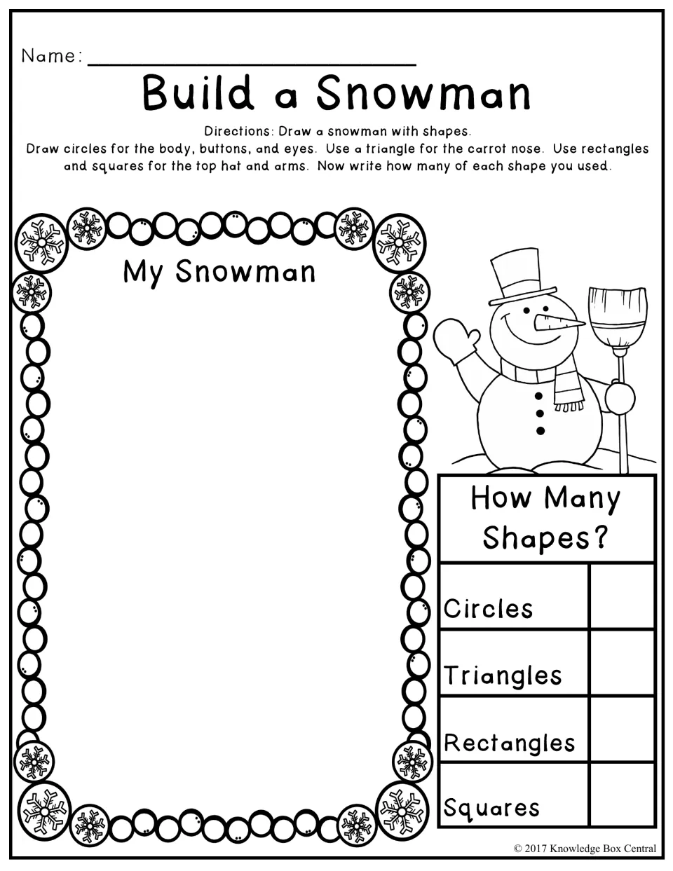 Build a Snowman: students draw a snowman from circles, a triangle, rectangles and squares, then count each shape used