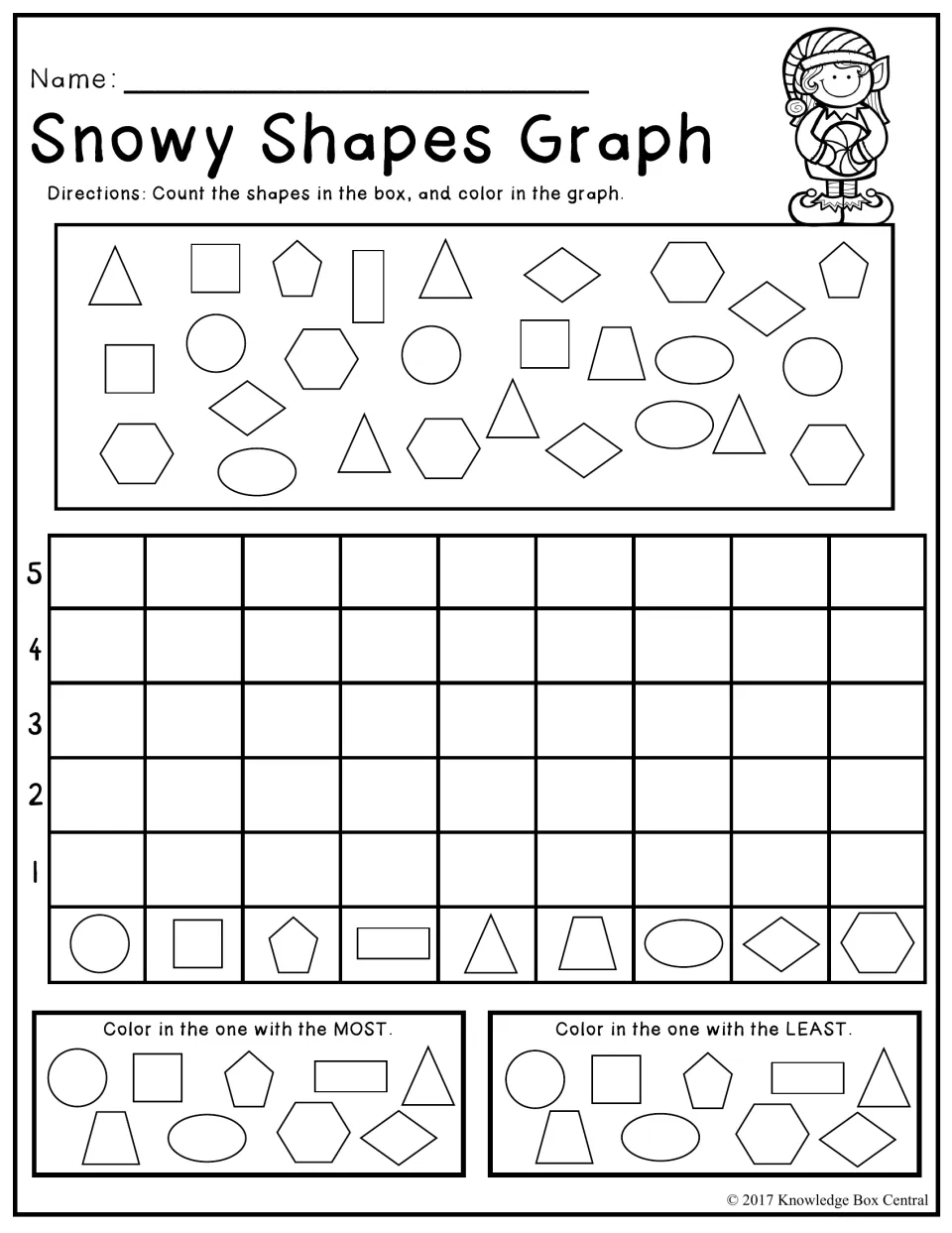 Snowy Shapes Graph: students count nine kinds of shapes, color a bar graph up to 5, then mark the most and least