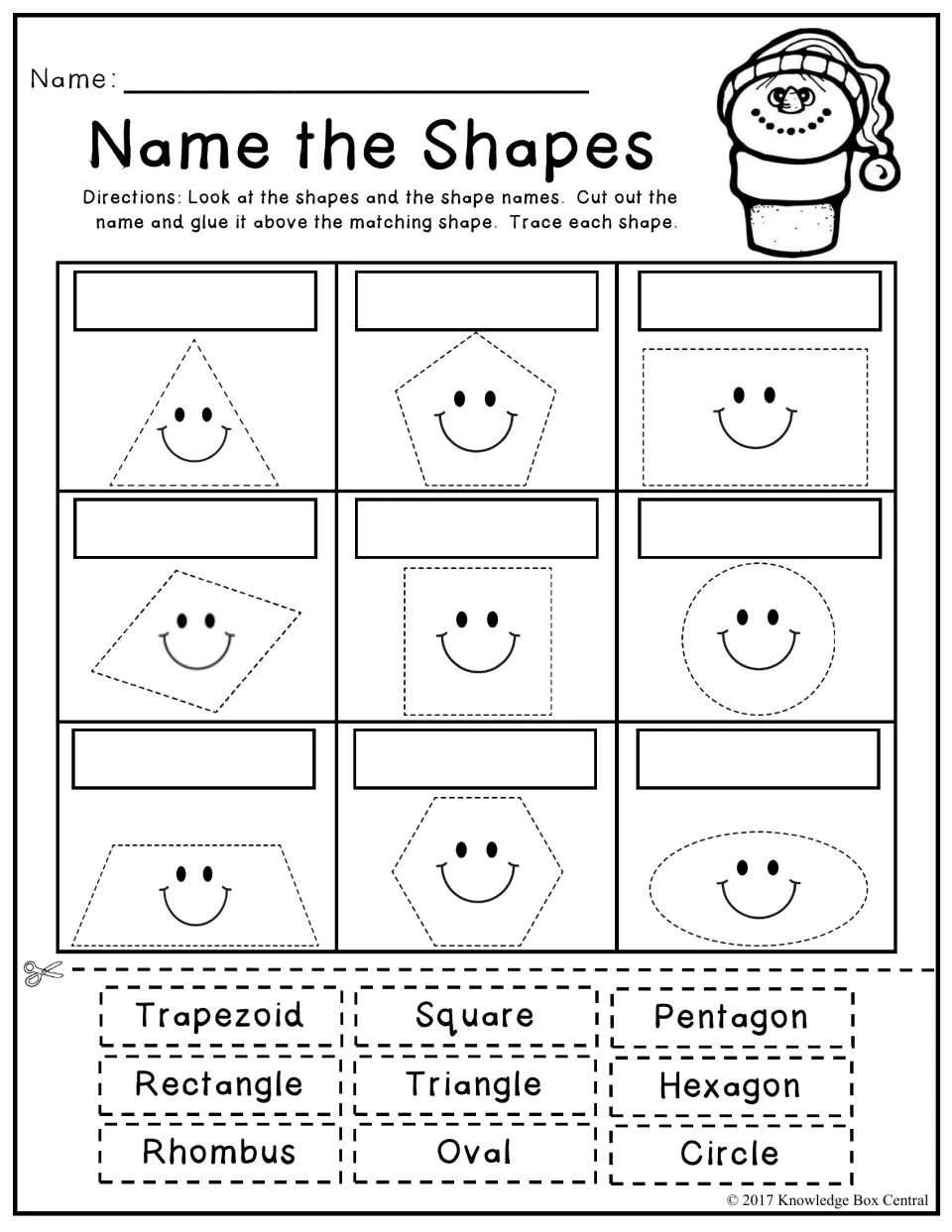 Name the Shapes: students cut out nine shape names, from trapezoid to hexagon, glue each above its match and trace it