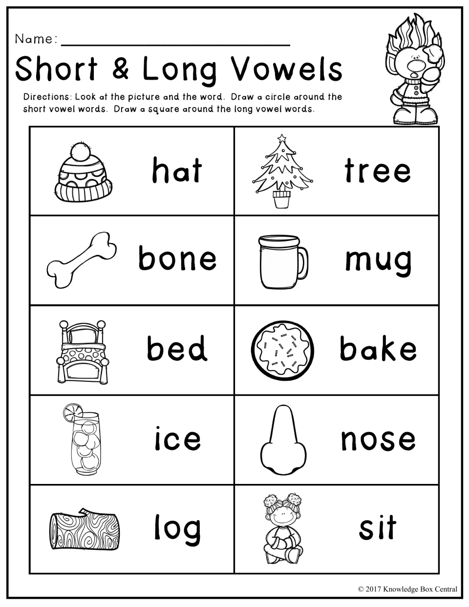 Short and long vowels: students circle short vowel words and draw a square around long ones, like hat, tree, bone and sit