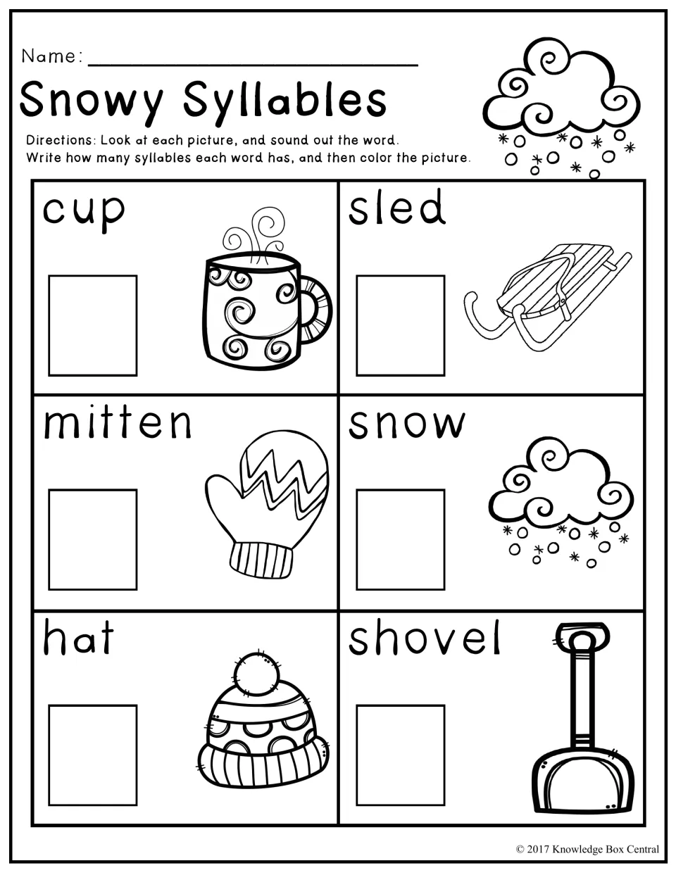 Snowy Syllables worksheet: count syllables in cup, sled, mitten, snow, hat, and shovel, then color pictures.