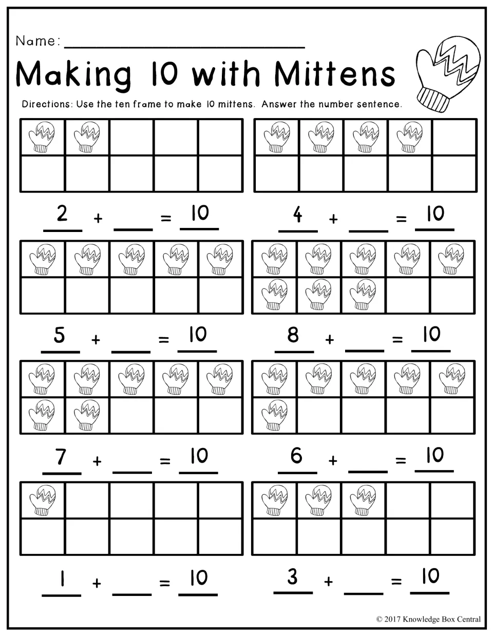 Making 10 with Mittens: students fill each ten frame up to 10 mittens and write the missing addend, as in 2 + __ = 10