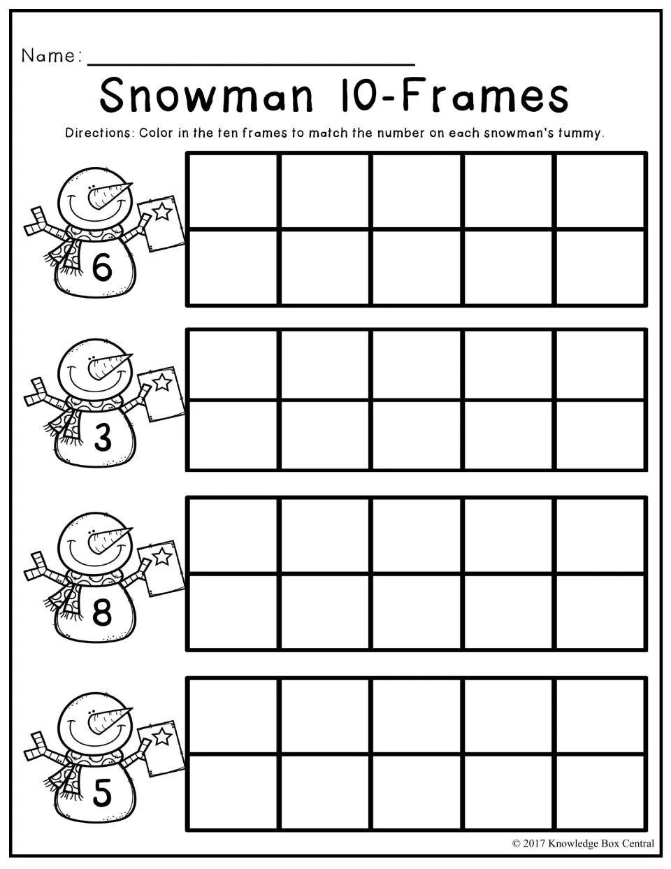 Snowman 10-Frames: students color a ten frame to show the number 6, 3, 8 or 5 written on each snowman's tummy