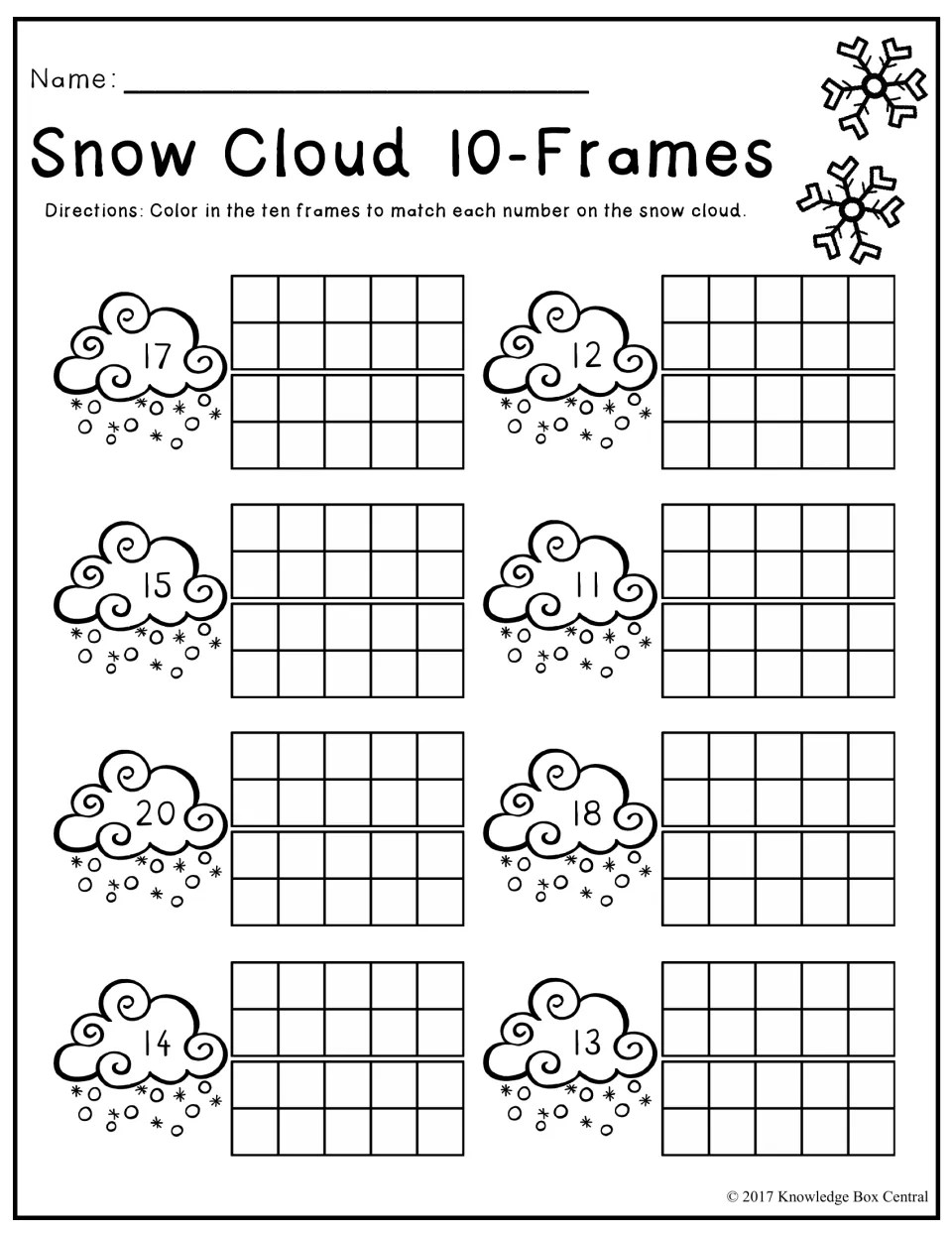 Snow Cloud 10-Frames: students color two ten frames to show each snow cloud's number from 11 to 20, such as 17, 15 and 20