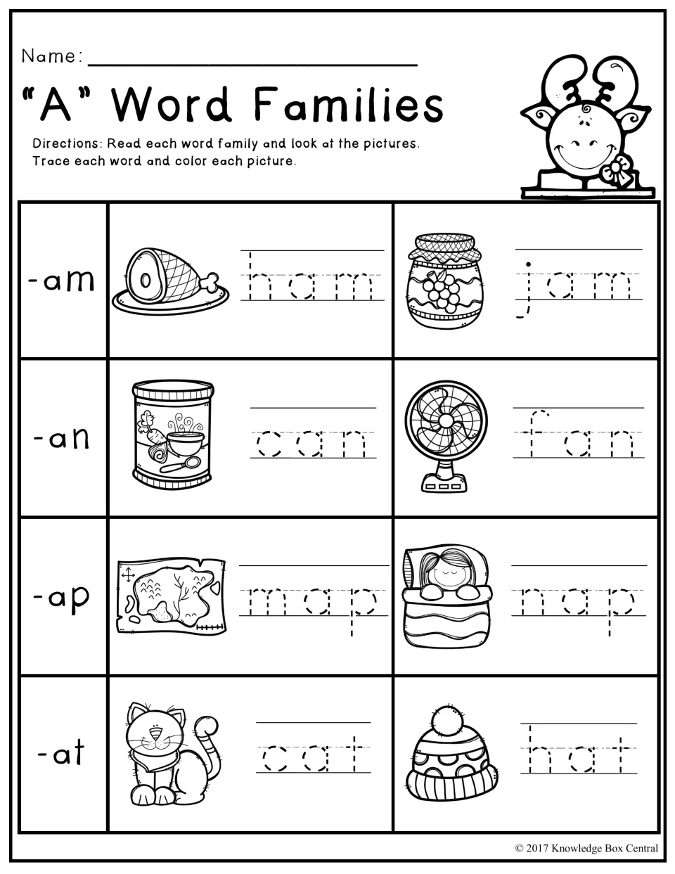 Short a word families -am, -an, -ap, -at: students trace ham, jam, can, fan, map, nap, cat and hat, then color each picture