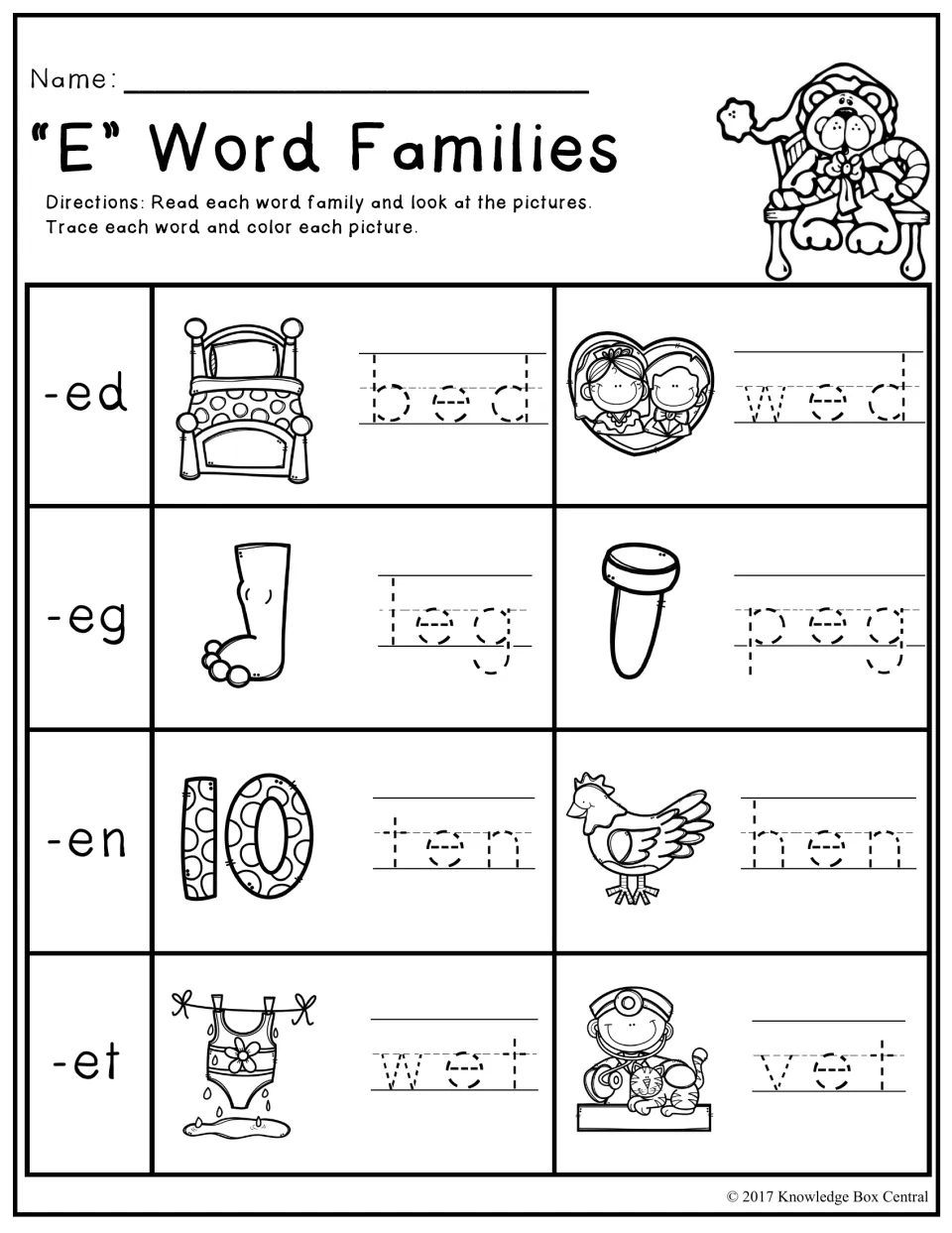 Short e word families -ed, -eg, -en, -et: students trace bed, wed, leg, peg, ten, hen, wet and vet beside pictures to color