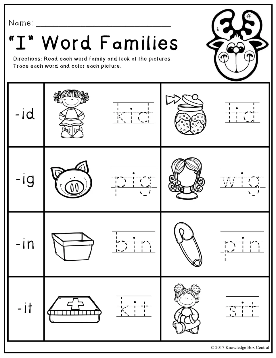 Short i word families -id, -ig, -in, -it: students trace kid, lid, pig, wig, bin, pin, kit and sit, then color the pictures