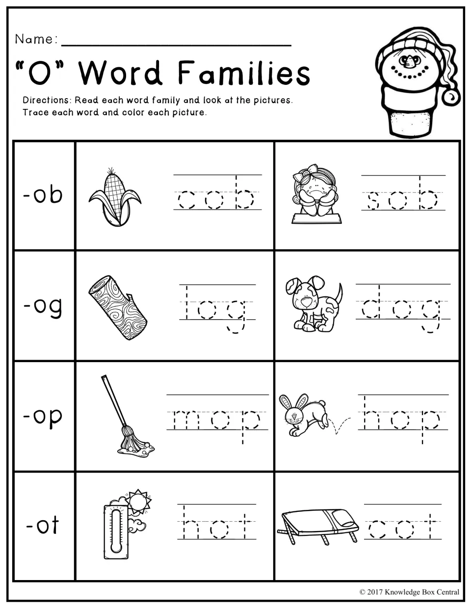 Short o word families -ob, -og, -op, -ot: students trace cob, sob, log, dog, mop, hop, hot and cot, coloring each picture