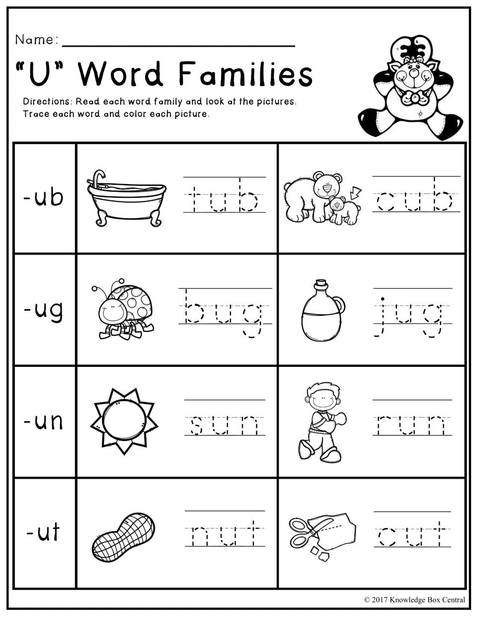 Short u word families -ub, -ug, -un, -ut: students trace tub, cub, bug, jug, sun, run, nut and cut, then color each picture