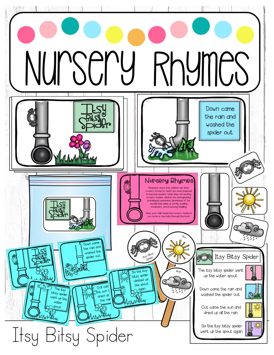 Nursery Rhymes cover for Itsy Bitsy Spider showing the mini book, magnet pieces, stick puppets and rhyme chart