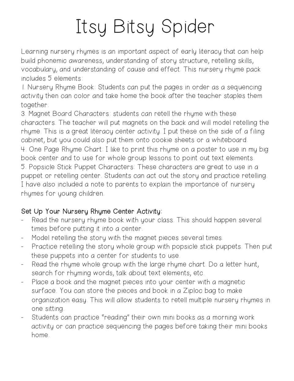 Teacher notes: the pack's elements and steps for setting up a nursery rhyme retelling center with magnets and puppets