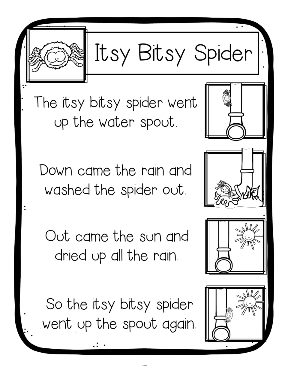 Black-and-white rhyme chart with all four rhyme lines and matching line-art pictures that students can color