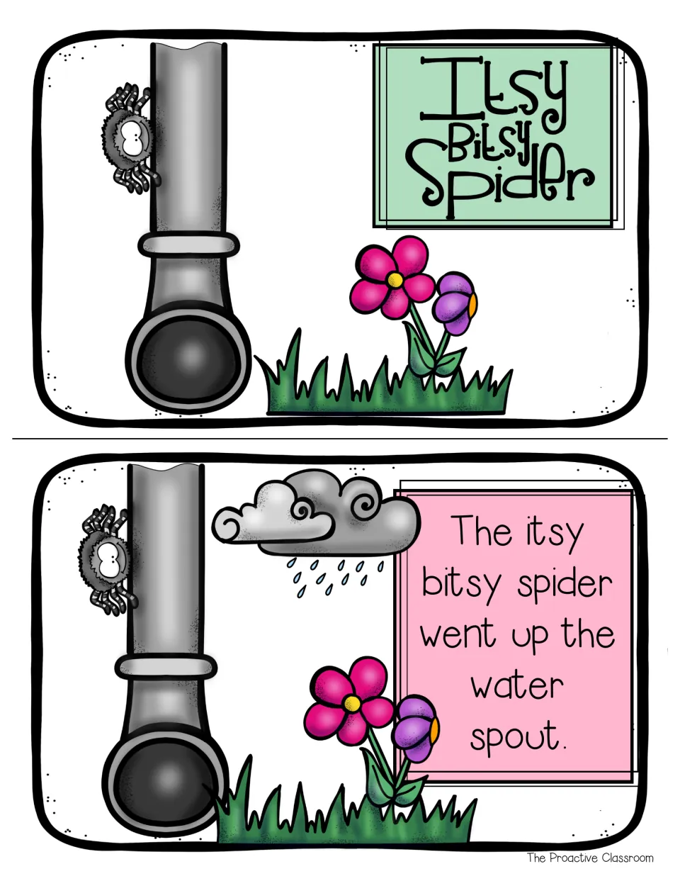 Mini book pages in color: the spider title page and a page reading 'The itsy bitsy spider went up the water spout'