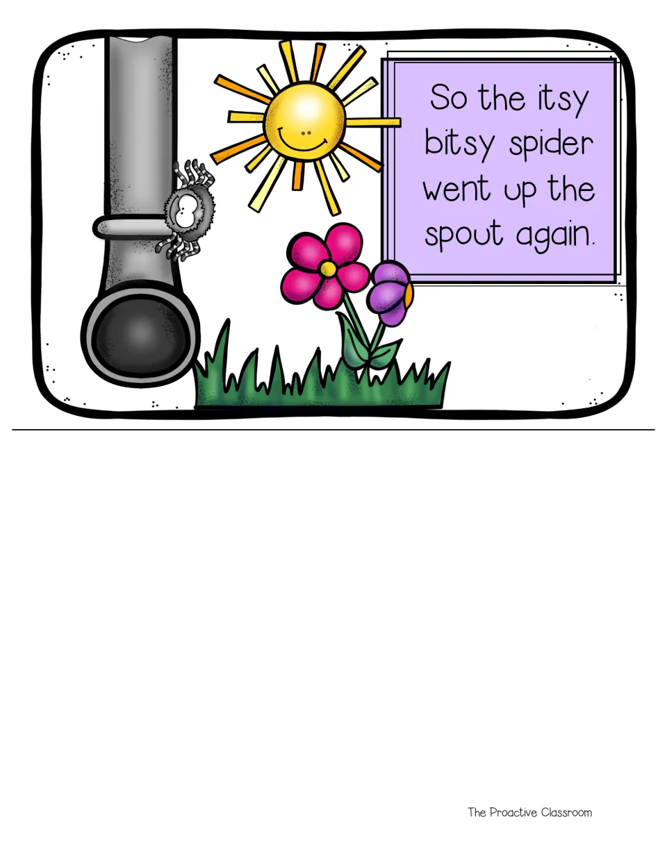 Last color mini book page: 'So the itsy bitsy spider went up the spout again' as the spider climbs past a smiling sun