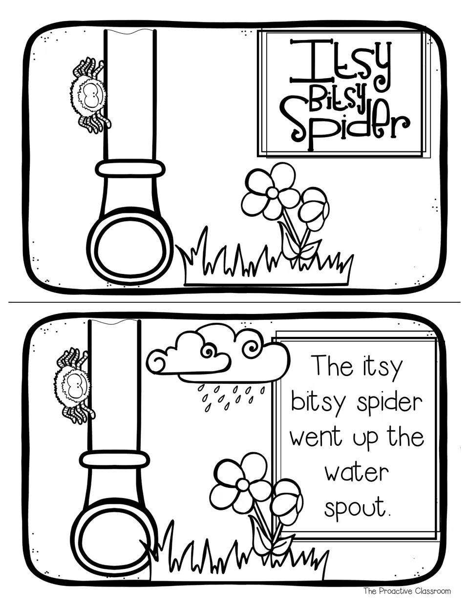 Coloring mini book title page and first verse page, the spider climbing the water spout in black-and-white line art