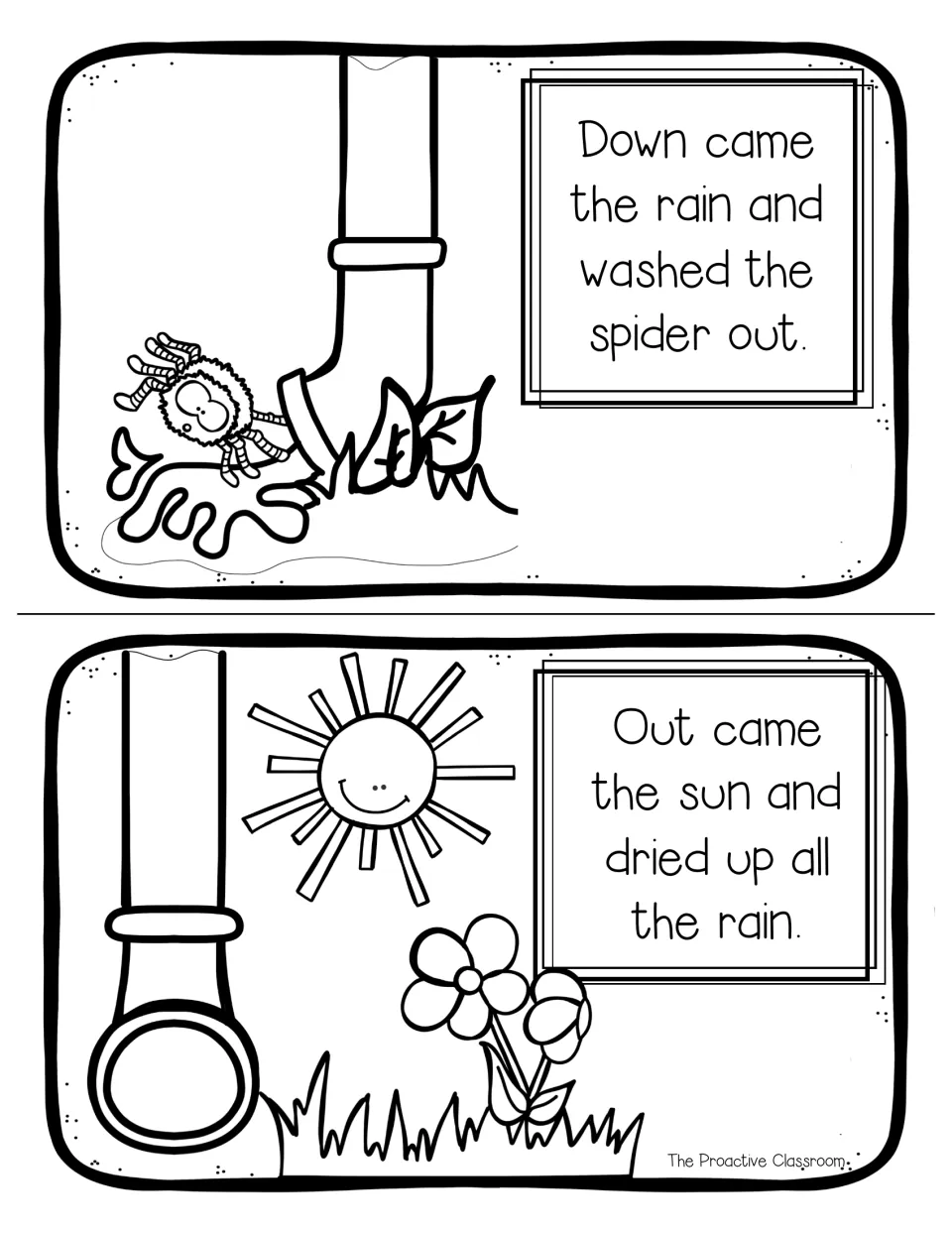 Coloring mini book pages for the rain washing the spider out and the sun drying up all the rain, drawn in line art